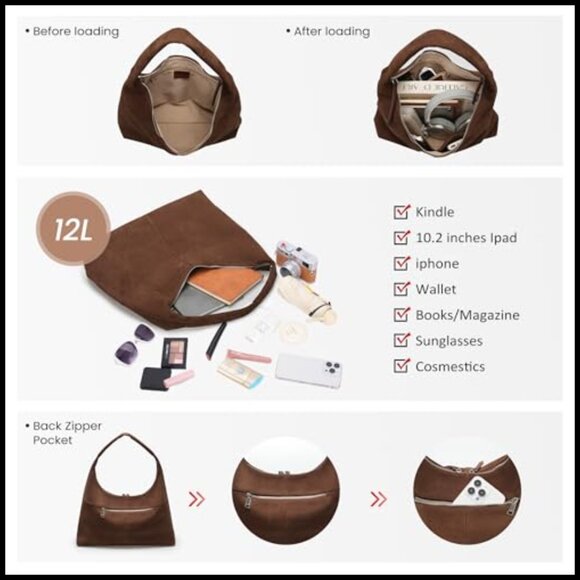 Large Slouchy Hobo Tote Bag Ultra Soft Suede Leather Lightweight Shoulder - Picture 5 of 7